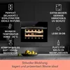 A wine cooler with bottles inside, presented with feature callouts and text. Produktbild-Vorschau