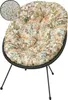 A round, cushioned chair with a floral pattern and black metal legs, shown against a white background. A close-up inset shows the filling material of the cushion. Produktbild-Vorschau