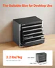 A black metal toolbox with multiple drawers is shown on a wooden surface against a light gray wall. Dimensions and load capacity are indicated with text overlays. Náhled obrázku produktu