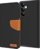 A black flip case for a Samsung Galaxy A25 5G phone is shown open, revealing the phone's camera array and flash. The case has a brown leather accent and a small logo. Produktbild-Vorschau