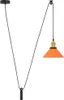 A pendant light with an orange shade and a black cord, shown against a white background. Produktbild-Vorschau