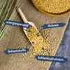 A wooden scoop filled with paddy rice is placed on a burlap cloth, with some rice scattered around. There are also some green grass stalks on the left. Text overlays highlight nutritional benefits. Produktbild-Vorschau