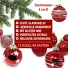 A collection of red glass Christmas ornaments with various decorative patterns, displayed against a white background with a sprig of a Christmas tree. Produktbild-Vorschau
