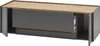 A modern TV lowboard with a gray matte finish and a wood-tone top, shown with one side cabinet door open. Produktbild-Vorschau