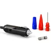 A car tire inflator plug, along with several nozzle attachments and a fuse, are displayed against a white background. Produktbild-Vorschau