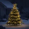 A decorated Christmas tree in the snow at night, with a house in the background. Produktbild-Vorschau