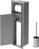A stainless steel bathroom cabinet with an open door, showing storage for toilet paper rolls, and a toilet brush holder next to it. Produktbild-Vorschau