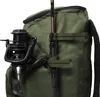 A close-up view of a fishing rod and reel attached to a green fishing backpack. Náhled obrázku produktu