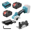 A collage of a mini circular saw and its accessories, including batteries, a charger, and a protective guard. Produktbild-Vorschau