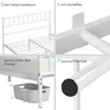 A collage of four close-up images highlighting different features of a white metal bed frame. Produktbild-Vorschau