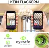 Two hands holding smartphones displaying a chandelier. One phone shows a green checkmark, the other a red cross. Below is a graphic with icons and text related to product features and safety. Produktbild-Vorschau