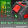 A close-up of a battery pack with a battery indicator and text describing its features. Produktbild-Vorschau