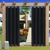 Outdoor curtains hanging on a pergola with a house and palm tree in the background. Náhľad obrázku produktu