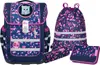 A set of school supplies including a backpack, drawstring bag, pencil case, and wallet, all with a matching blue and pink floral pattern. Voir les images du produit