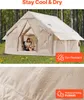 A large, beige canvas tent set up in a grassy, wooded area with a woman reading inside. Below is a close-up of the tent fabric showing water droplets. Produktbild-Vorschau