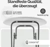 Close-up view of the underside of a round table, highlighting its thickness and construction, with marketing text and branding. Produktbild-Vorschau