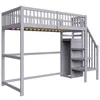 A gray loft bed with stairs and a built-in cabinet, shown against a white background. Produktbild-Vorschau