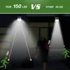 Comparison of two solar lights, one with 150 LEDs and another with 40 LEDs, showing their light coverage and range. Voir les images du produit