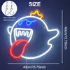 A neon sign shaped like a ghost with its tongue out, with size indicators and chain hooks shown. Voir les images du produit