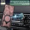 A rose gold phone case is shown attached to a magnetic car mount, with electrical sparks indicating magnetic connection. Produktbild-Vorschau