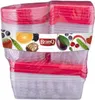 A set of clear plastic food containers with red lids, shrink-wrapped together and banded with a colorful label featuring various fruits and a chocolate. Náhľad obrázku produktu