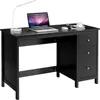 A black wooden desk with a laptop, lamp, mouse, and coffee cup on it. Produktbild-Vorschau