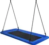 A blue rectangular swing with a black mesh center, suspended by black ropes from above. Produktbild-Vorschau