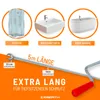 The image shows a drain cleaning tool with examples of where it can be used: a shower, a sink, and a bathtub. It also highlights its length and diameter. Produktbild-Vorschau