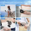 Collage showing a portable fan in different scenarios: at home, shopping, on a desk, and being carried. Produktbild-Vorschau