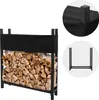 A black metal firewood rack filled with chopped wood, with a black cover on top. Two inset images show details of the rack and cover. Produktbild-Vorschau