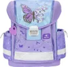 A front view of a purple and blue butterfly-themed school backpack. Produktbild-Vorschau