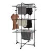 A black, three-tier drying rack with clothes hanging on it. Produktbild-Vorschau