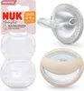 A collage of NUK MommyFeel pacifier components and packaging. Náhľad obrázku produktu