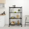 A black metal shelving unit with four shelves, filled with various kitchen items, is shown in a kitchen setting. Anteprima dell’immagine prodotto