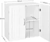 A white cabinet with two doors, one closed and one open, revealing shelves. Dimensions are indicated with lines and text. Produktbild-Vorschau