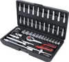 A black plastic case containing a set of tools, including sockets, a ratchet, and various bits. Produktbild-Vorschau