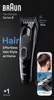 A product shot of a Braun hair clipper with marketing text and graphics. Náhľad obrázku produktu