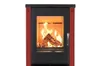 A modern wood-burning stove with a red frame and a black front panel, showing a fire burning inside. Produktbild-Vorschau