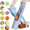A hand is using a blue vegetable slicer to cut an orange carrot. Several small images of cut vegetables are arranged on the left side of the frame. Voir les images du produit