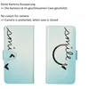 Two views of a turquoise and white flip phone case with the word "smile" printed on it. Produktbild-Vorschau