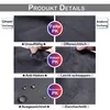 A collage of images demonstrating the features of an outdoor curtain, including its texture, how it folds, how hooks attach, its water resistance, and its overall appearance. Produktbild-Vorschau