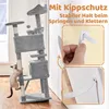 A cat climbing a multi-level cat tree, with inset images showing how to attach it to the wall for stability. Produktbild-Vorschau