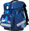 A blue school backpack with a geometric pattern. Anteprima dell’immagine prodotto