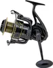 A black fishing reel with gold accents is shown against a white background. Produktbild-Vorschau