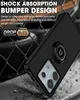 A black phone case with a ring holder is shown at an angle, with text overlays highlighting its features. Produktbild-Vorschau