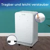 A white air purifier is shown in a room with a teal wall and wooden floor. Inset circles highlight the wheels and a hand holding the top of the unit. Produktbild-Vorschau