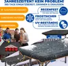 People playing beer pong next to a table covered in snow, with marketing text highlighting product features. Produktbild-Vorschau