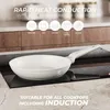 A white frying pan is shown on a black induction stovetop, with text overlays highlighting its features and compatibility. Produktbild-Vorschau