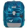 A blue school backpack with various patches and a starry pattern. Voir les images du produit