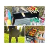 Collage of images showing a portable grill, food on the grill, and accessories. Produktbild-Vorschau
